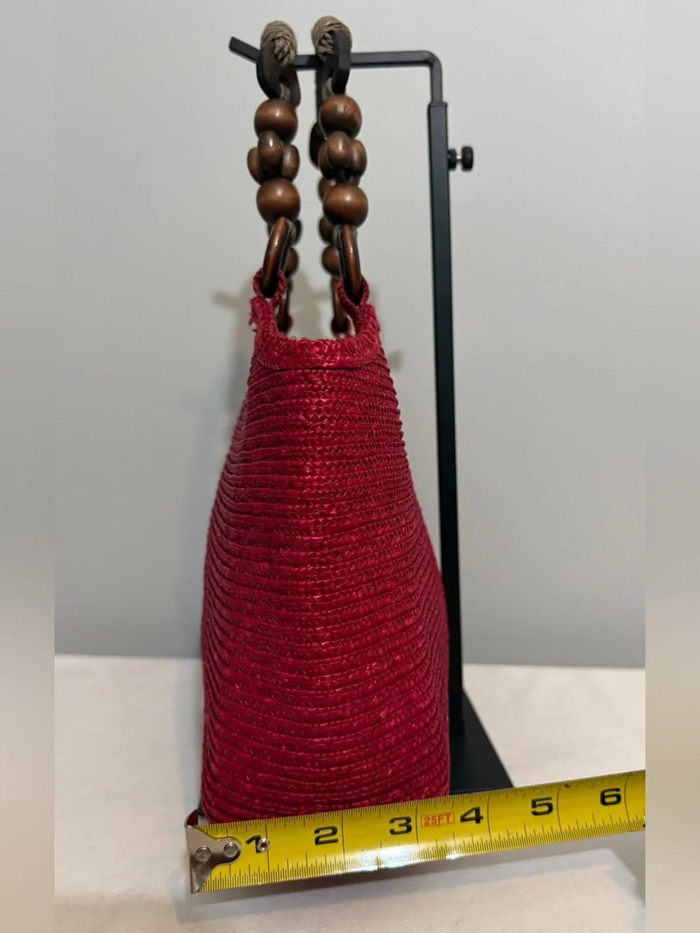 Vintage Red Woven Rattan Tote Bag Wood Beaded Handle Top Handle Boho Retro Purse